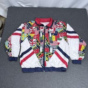 Vintage Flag Windbreaker Jacket USA World Flags Nylon 90s Colorblock L